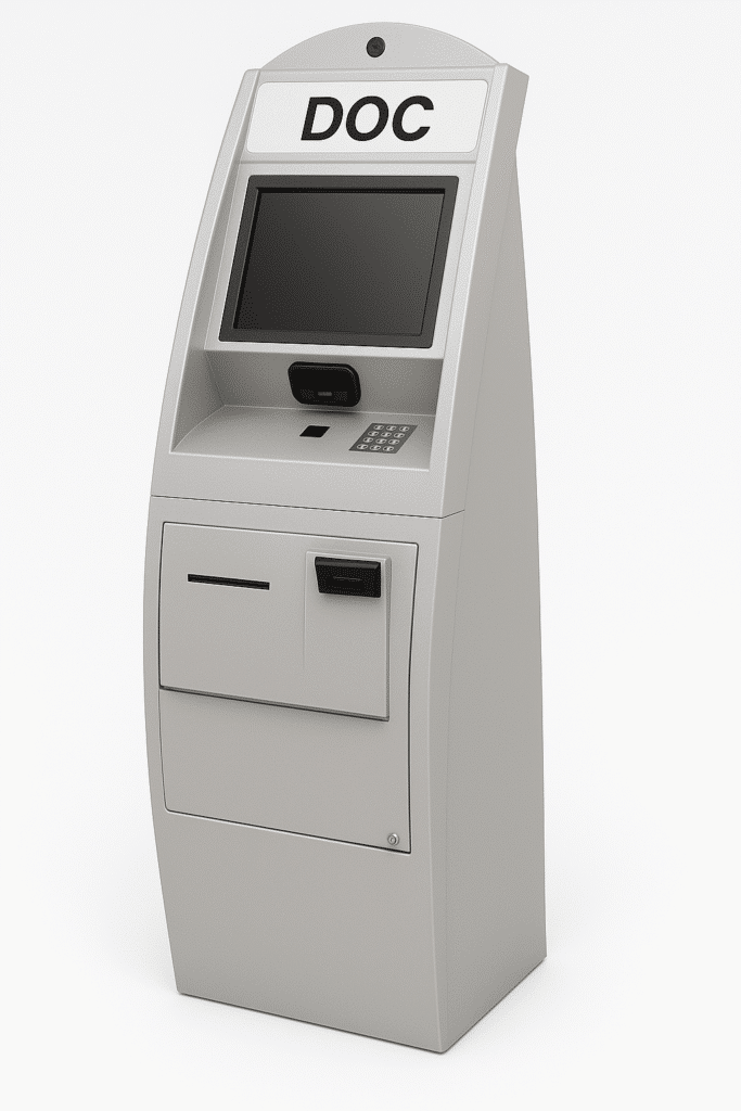 Gray kiosk for sending money
