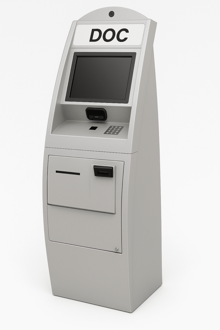 Gray kiosk for sending money